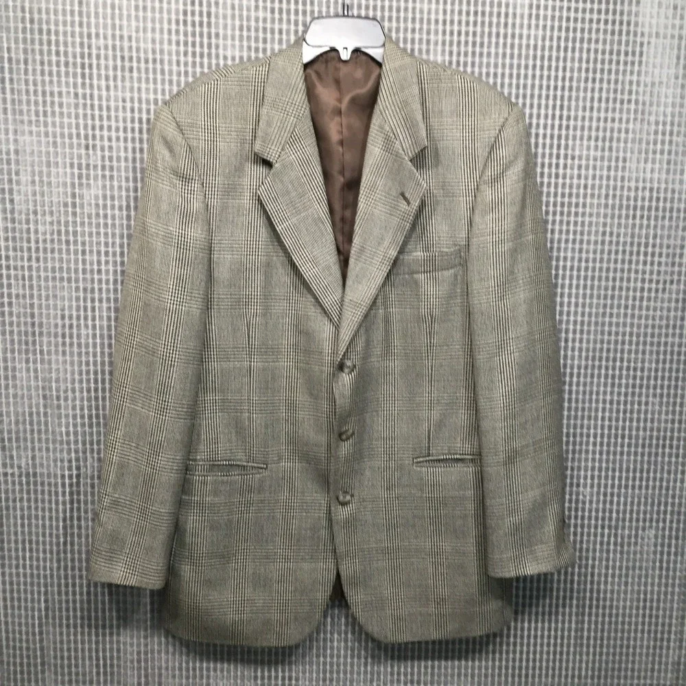 Jeffrey Banks Mens Blazer Glen Plaid Wool Blend Brown Gray 45R